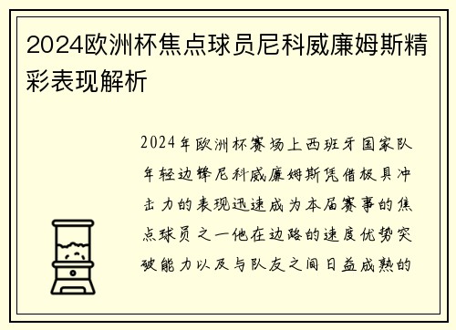 2024欧洲杯焦点球员尼科威廉姆斯精彩表现解析